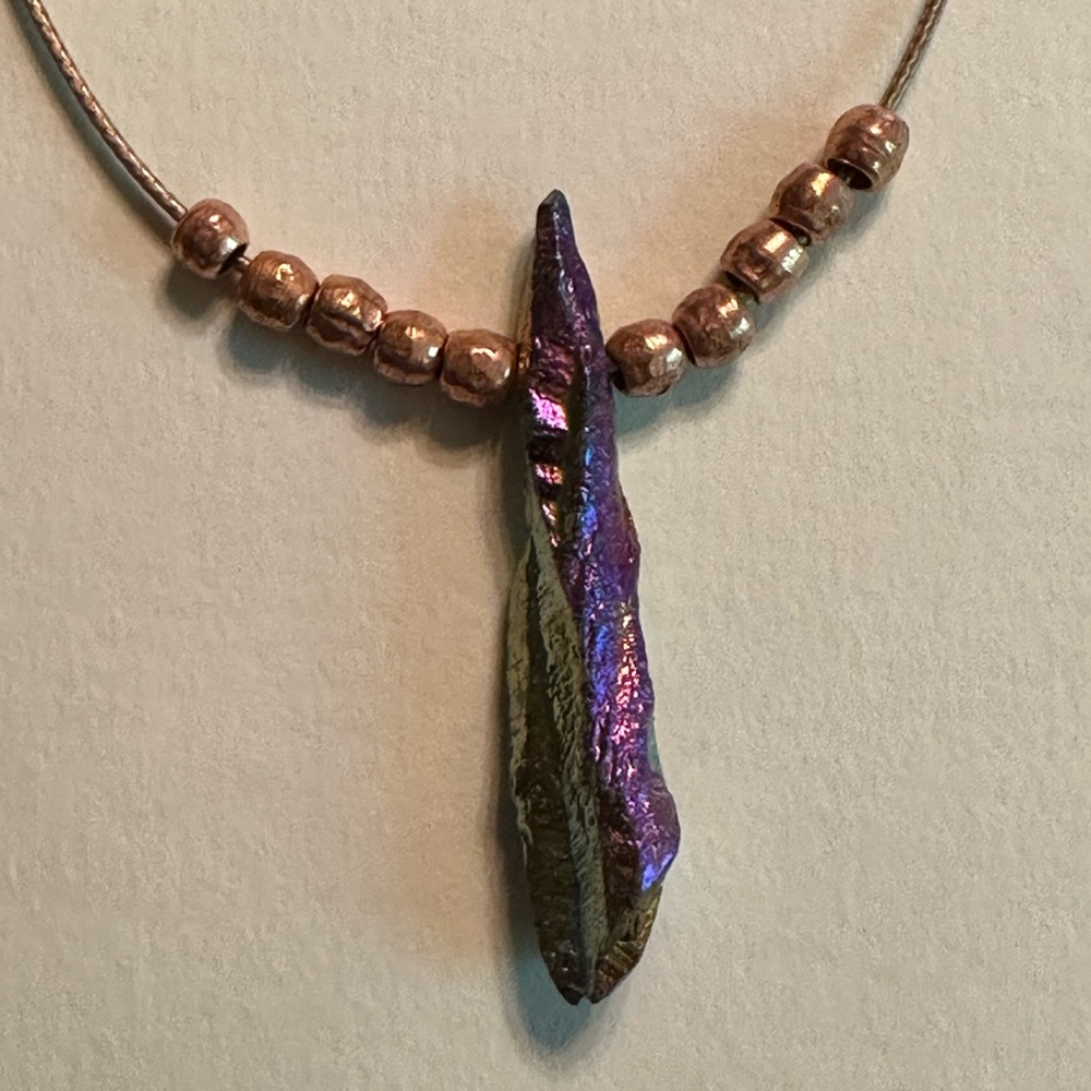 ARTISAN Rainbow Aura Quartz Ethiopian Copper Bead Tan Cord Adjustable Necklace